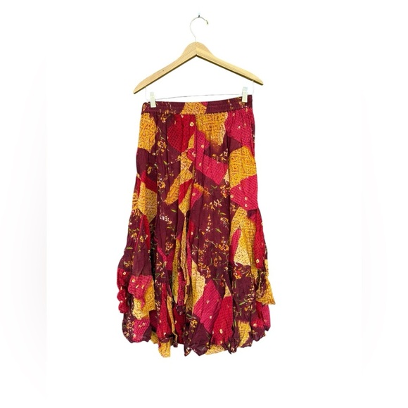 Vintage 90s Boho Red Yellow Patchwork Rayon Midi Maxi Skirt Hippie Festival - Picture 4 of 5